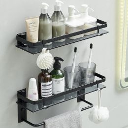 Glass Shelf for Bathroom 15.7 in Bathroom Shelves with Towel Bar Tempered Glass Shelves with 4 Removable Hooks for Wall(2 Tier) (Color: Black)