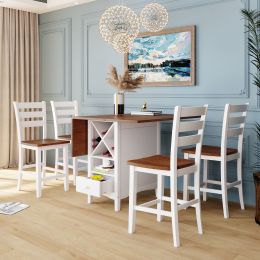 Farmhouse Wood Counter Height 5-Piece Dining Table Set with Drop Leaf, Kitchen Set with Wine Rack and Drawers for Small Places (Main Material: Solid Wood, Main Color: White+Walnut)