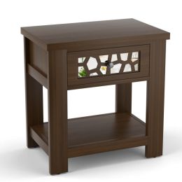 Wood Retro End Table with Mirrored Glass Drawer and Open Storage Shelf (Color: Brown)