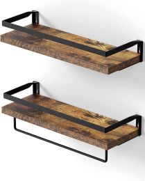 Floating bathroom shelf with towel rail; bathroom/living/kitchen/bedroom wall shelf set of 2; light brown; dark brown; black. (Color: Rustic Brown)