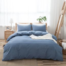100% Washed Cotton Duvet Cover Set, Durable Fade-Resistant Natural Bedding Set (No Comforter) (Color: Denim Blue, size: Queen)