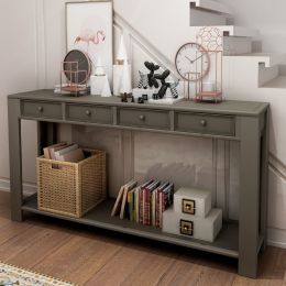 Console Table for Entryway Hallway Sofa Table with Storage Drawers and Bottom Shelf (Color: Khaki)
